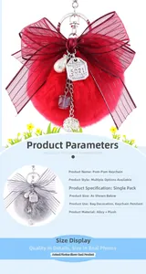 Detail of red and grey faux fur pom pom keychains with mesh bows and pearl charms