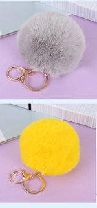 Détail de porte-clés en fausse fourrure grise et jaune avec mousquetons en métal doré