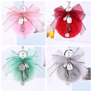 Faux Rabbit Fur Ball Keychain With Organza Bow For Women Soft Plush Bag Charm With Rhinestones Faux Artificial Pearl Metal Tag