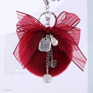 Burgundy faux fur pom pom keychain with organza bow and pearl charm for handbags