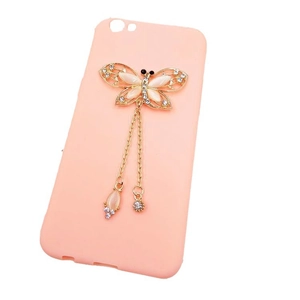 Pink silicone phone case with gold butterfly jewelry and sparkling tassel charms