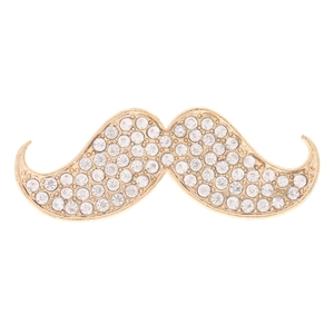Detailed view of creative mustache brooch with gold plating and sparkling rhinestones