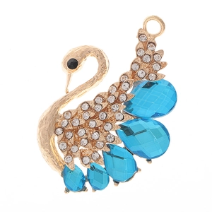 Eleganter Schwan-Anstecker aus Gold mit blauen Kristalltropfen und funkelnden Strasssteinen