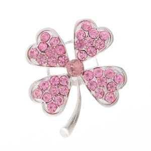 Broche de trébol de cuatro hojas con brillantes pedrería rosa y cristal central plateado