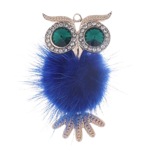 Creative owl charm with blue fluffy pompom and sparkling green rhinestone eyes