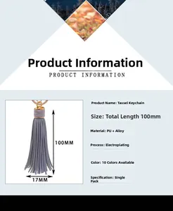 Detailed dimensions of the gray PU leather tassel keychain with golden alloy plating