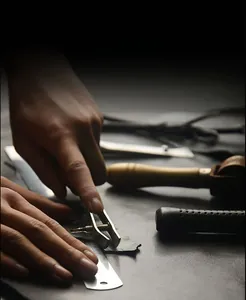 Close-up of professional leather craft tools including a steel ruler and wooden edge beveller