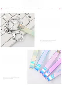 Close-up of rainbow laser leather strap keychain with metal lobster clasp detail