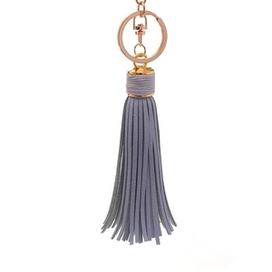 Detail of grey-purple leather tassel pendant with rose gold ring for bags and keys