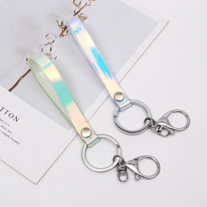 Laser iridescent leather lanyard keychains with silver lobster clasps for bags