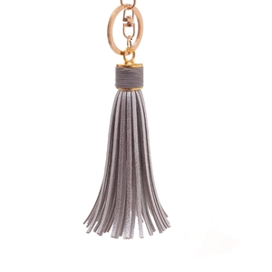 Detailed view of gray leather tassel keychain with polished gold-tone metal clasp