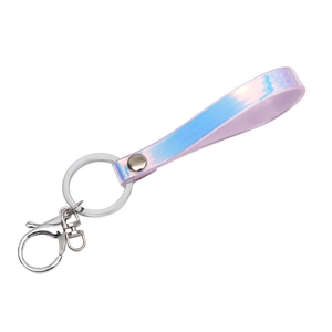 Holographic laser leather keychain with silver lobster clasp and iridescent strap