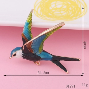 Gedetailleerd beeld van de emaille vogelbroche met blauw-groen verloop en maten 52,5mm x 40mm