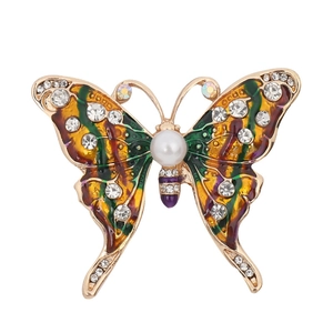 Spilla a farfalla dorata con ali in smalto colorato e strass luccicanti di lusso
