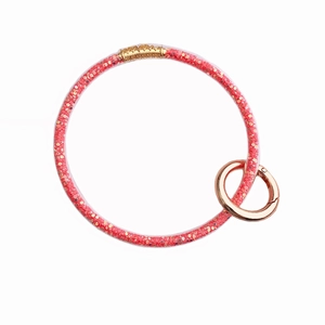 Pink glitter filled soft PVC ring keychain with gold carabiner for bags and keys
