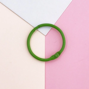Detail of green coated metal binder ring for DIY crafts and keychain accessories