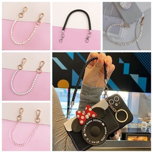 Fashion Imitation Artificial Pearl Crystal Beads Braided PU Leather Phone Case Strap Bag Handle Chain For Women Accessories Charm