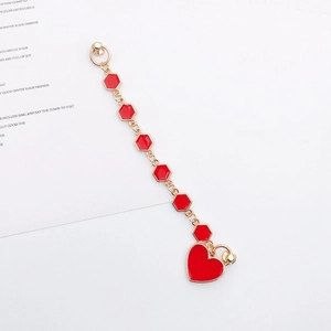 DIY mobile phone chain with red heart and hexagonal beads on gold link chain