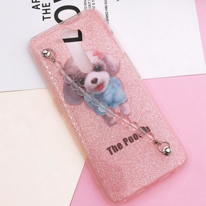 Pink glitter phone case with poodle design and transparent beaded hand strap