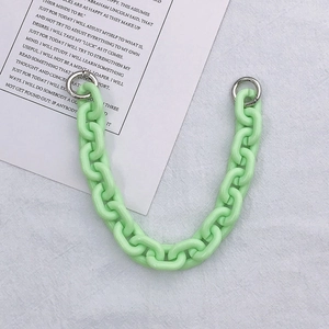 Detailed view of light green acrylic chain strap with silver metal ring clasps for bags
