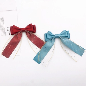 Handmade Double Layer Satin Mesh Bow DIY Accessory With Gold Sequins Tassels For Phone Case Hair Clips Clothing Decoration Women