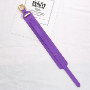 Gros plan sur dragonne de téléphone en cuir violet avec boucle et ferrures dorées