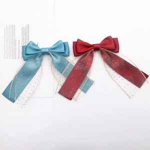Blue and burgundy handmade double-layer satin bow hair clips with polka dot mesh tassels