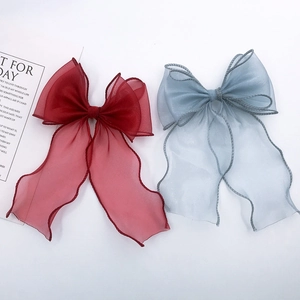 Fermagli per capelli a fiocco in organza con nastri lunghi in rosso vino e blu nebbia