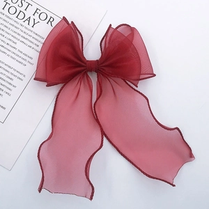 Elegante fermaglio per capelli in organza rosso vino con fiocco e nastri lunghi