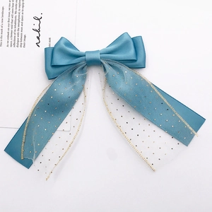 Double-layer blue satin and mesh ribbon bow for DIY hair accessories and phone case decor