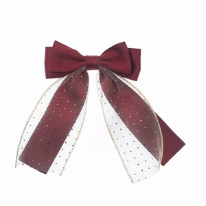 Elegant wine red satin bow with double-layer gold sequin mesh ribbon for hair accessories