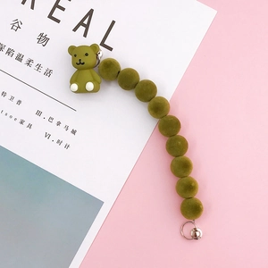 Green flocked bead phone charm with cute bear pendant and metal clasp accessory