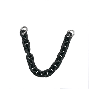 Polished black acrylic thick link chain with silver metal ring clips on white background