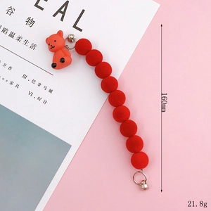 Red flocked beaded phone strap with cute bear charm and silver metal hardware, 160mm length