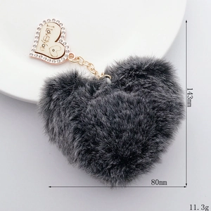 Gray rabbit fur heart pendant with rhinestones and I Love You engraving, 143mm length