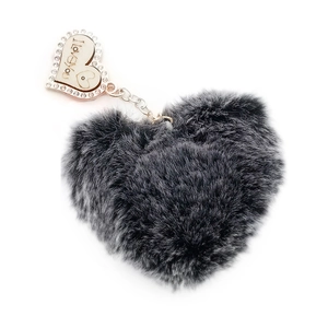 Grey heart-shaped faux rabbit fur keychain with I love you rhinestone metal charm