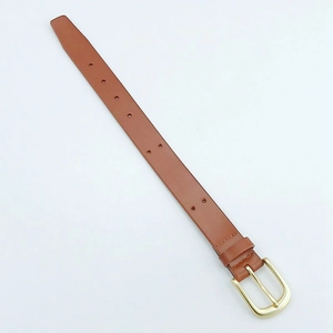 Detailed view of a brown leather phone strap featuring a polished gold metal buckle
