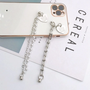 Silver pearl heart charm bracelet with U-link chain and engraved double layer design