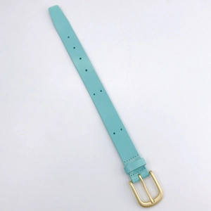 Detail of light blue leather wrist strap with gold pin buckle and adjustment holes