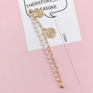Bracciale vintage con monete d'oro e perle, ciondolo a cuore e lunghezza di 150 mm