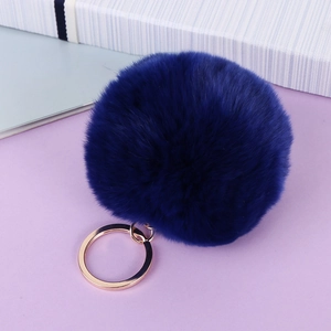 Royal blue 8cm faux rabbit fur pom pom keychain with gold ring for bags and keys