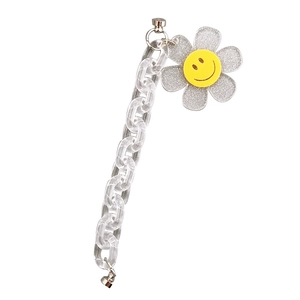 Acrylic chain keychain with glitter flower pendant and yellow smiley face charm