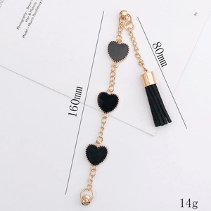 Bracelet doré avec cœurs en émail noir et pompon en cuir, accessoire de mode 160mm