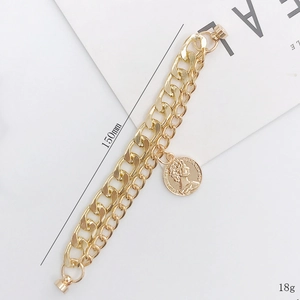 Bracelet double chaîne doré avec pendentif pièce reine et fermoir magnétique, 150mm
