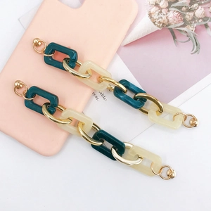 Acrylic rectangle chain phone strap with dark green and cream resin links and gold rings