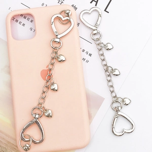 Silver alloy heart chain with lobster clasps and charms for phone cases or bags