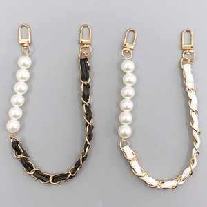 Fashion Artificial Pearl Handbag Chain Gold Alloy Woven Faux Leather Bag Strap Replacement Decorative Phone Case Lanyard For Women