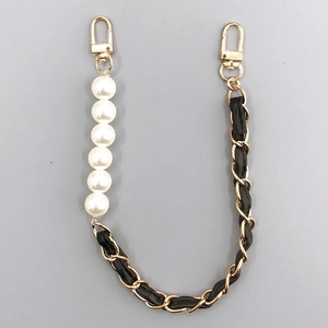 Golden metal and black leather woven strap with white pearls and lobster clasps