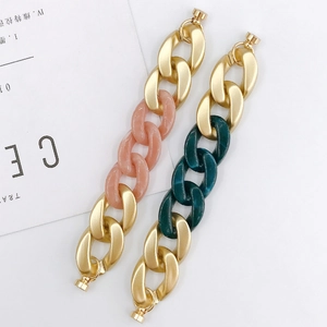 Metallic gold acrylic chain bracelets with pink resin and green marble links
