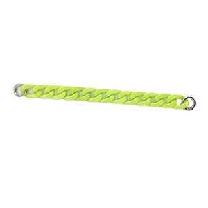 Catena in acrilico verde fluorescente con chiusure tonde in metallo argento su sfondo bianco